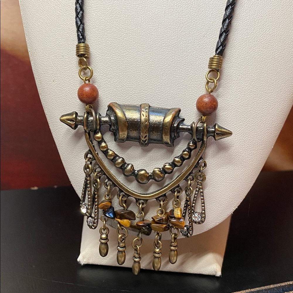🍇  Boho Brass Tone Pendant Necklace On Black Leather Cord Tiger Eye